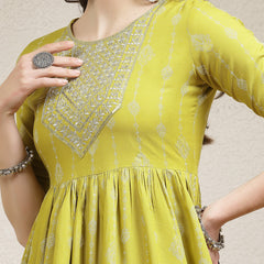 Stylum Women's Printed & Embroidered Naira Cut Kurta Pant Dupatta Set (KPDGERMANGREEN)