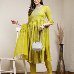 Stylum Women's Printed & Embroidered Naira Cut Kurta Pant Dupatta Set (KPDGERMANGREEN)