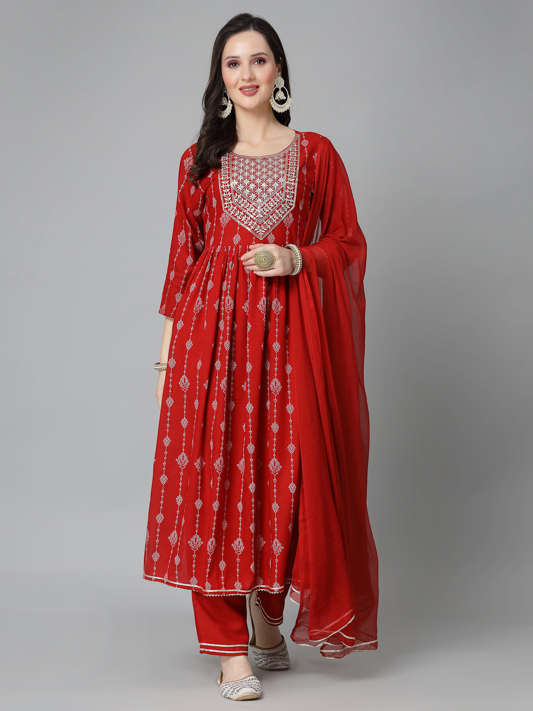 Stylum Women's Printed & Embroidered Naira Cut Kurta Pant Dupatta Set (KPDGERMANRED)