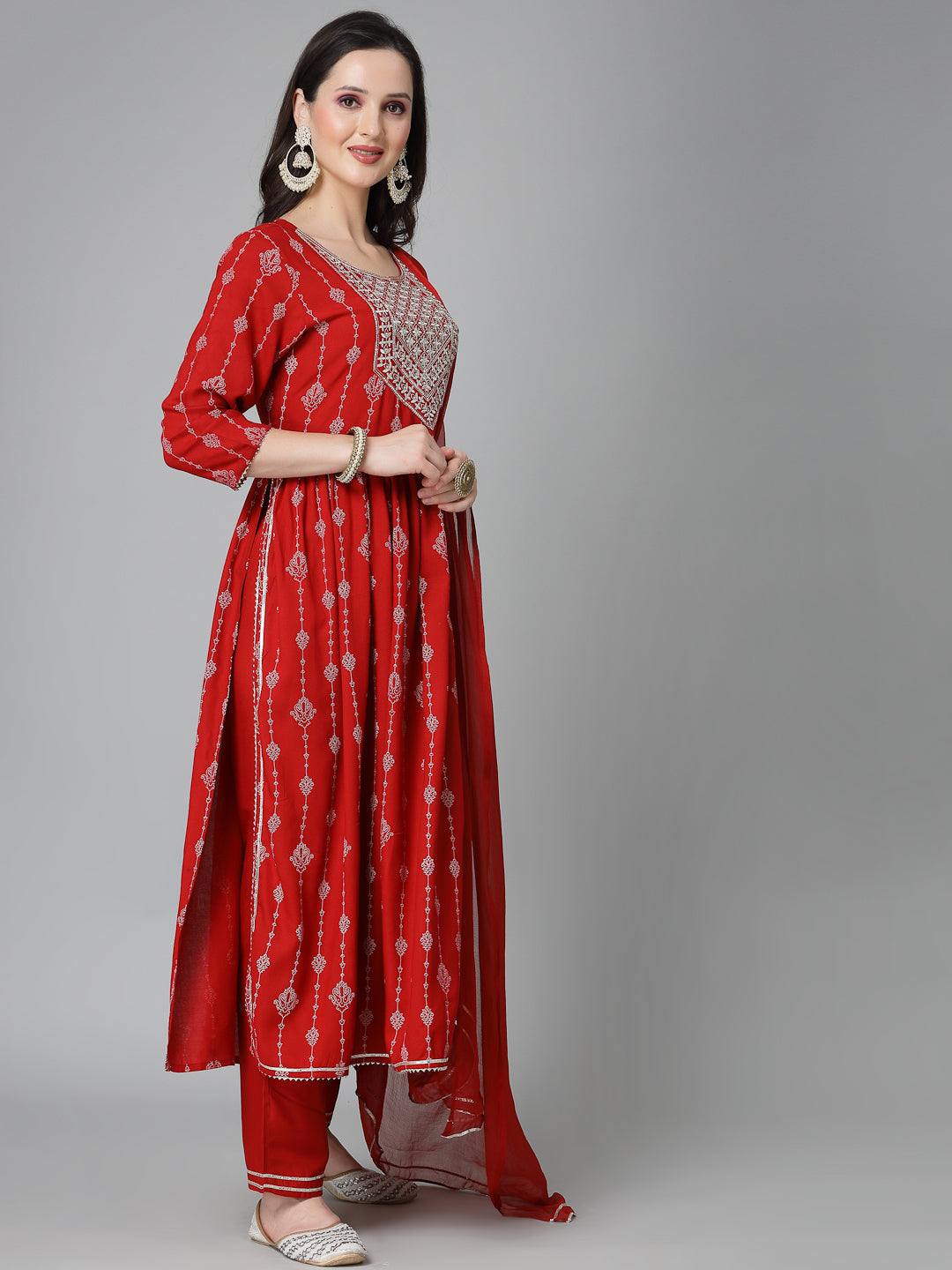 Stylum Women's Printed & Embroidered Naira Cut Kurta Pant Dupatta Set (KPDGERMANRED)