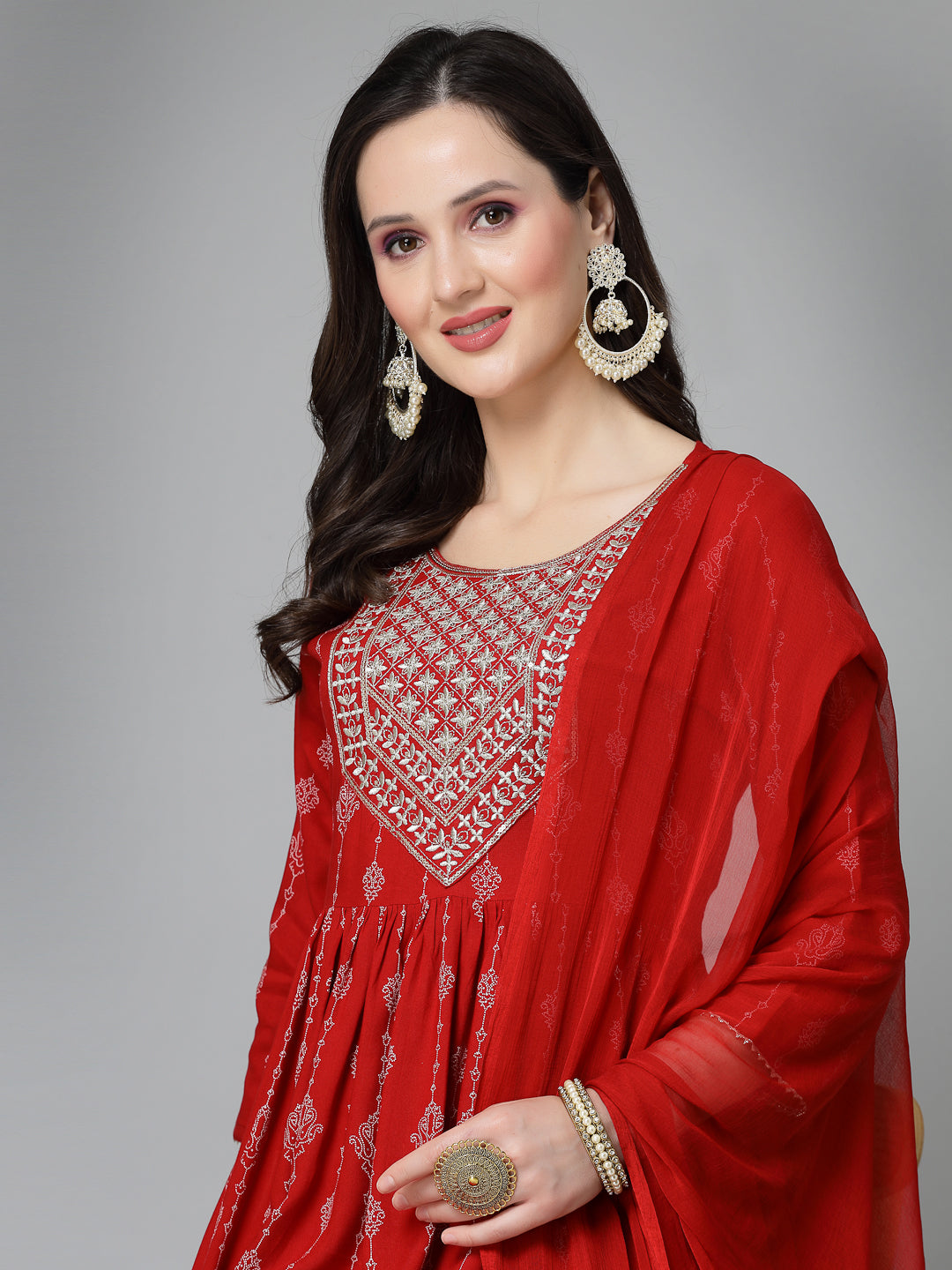 Stylum Women's Printed & Embroidered Naira Cut Kurta Pant Dupatta Set (KPDGERMANRED)