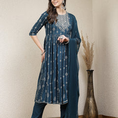 Stylum Women's Printed & Embroidered Naira Cut Kurta Pant Dupatta Set (KPDGERMANTEAL)
