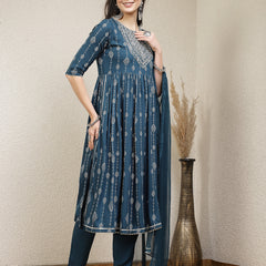 Stylum Women's Printed & Embroidered Naira Cut Kurta Pant Dupatta Set (KPDGERMANTEAL)