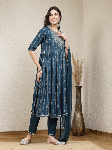 Stylum Women's Printed & Embroidered Naira Cut Kurta Pant Dupatta Set (KPDGERMANTEAL)