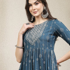 Stylum Women's Printed & Embroidered Naira Cut Kurta Pant Dupatta Set (KPDGERMANTEAL)