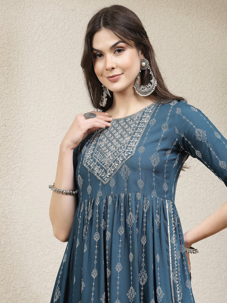 Stylum Women's Printed & Embroidered Naira Cut Kurta Pant Dupatta Set (KPDGERMANTEAL)