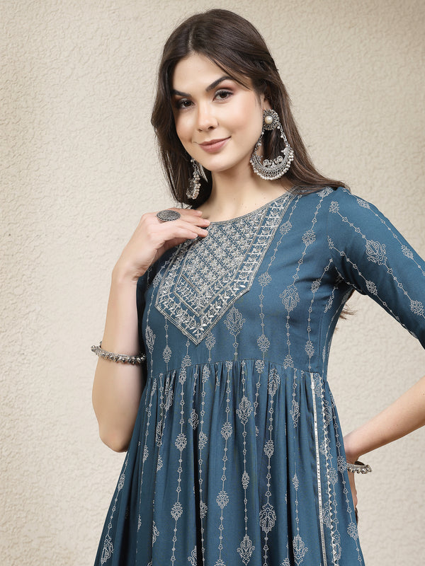 Stylum Women's Printed & Embroidered Naira Cut Kurta Pant Dupatta Set (KPDGERMANTEAL)