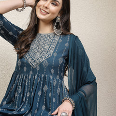 Stylum Women's Printed & Embroidered Naira Cut Kurta Pant Dupatta Set (KPDGERMANTEAL)
