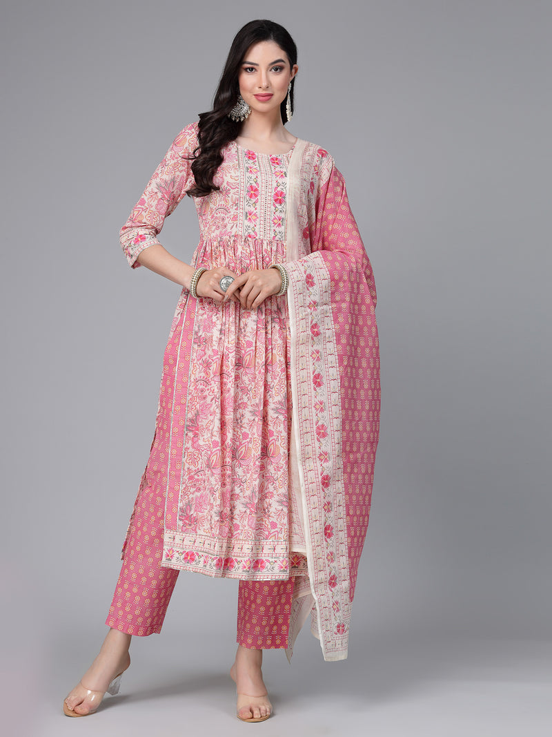 Stylum Women's Floral Printed Cotton Naira Cut Kurta Pant Dupatta Set (KPDGOHER)