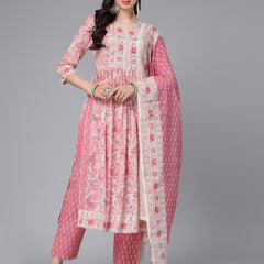 Stylum Women's Floral Printed Cotton Naira Cut Kurta Pant Dupatta Set (KPDGOHER)
