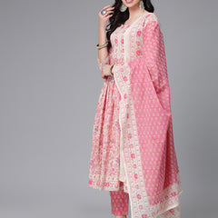 Stylum Women's Floral Printed Cotton Naira Cut Kurta Pant Dupatta Set (KPDGOHER)