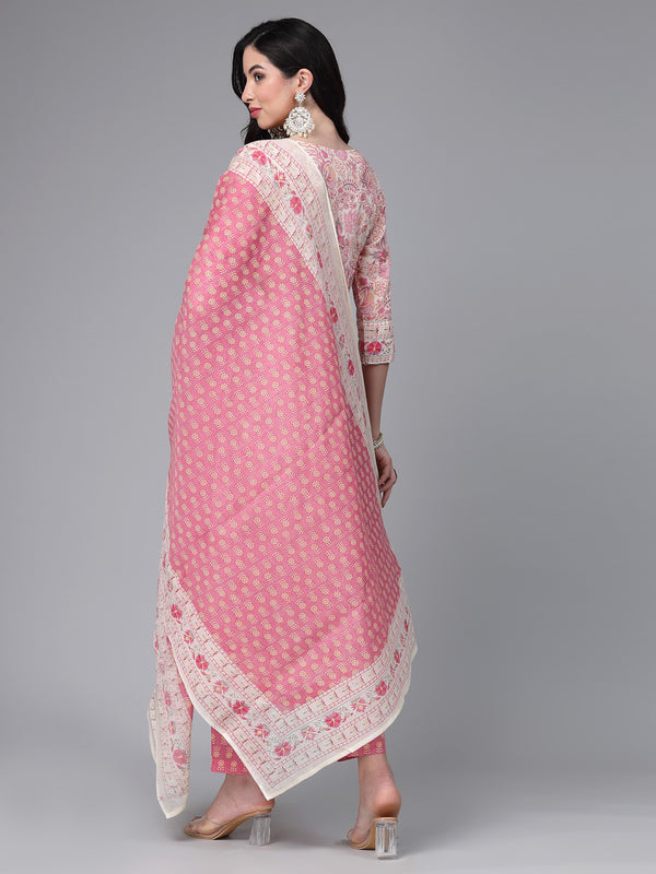 Stylum Women's Floral Printed Cotton Naira Cut Kurta Pant Dupatta Set (KPDGOHER)