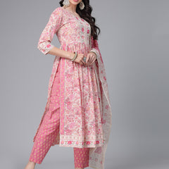 Stylum Women's Floral Printed Cotton Naira Cut Kurta Pant Dupatta Set (KPDGOHER)