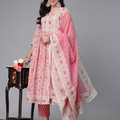 Stylum Women's Floral Printed Cotton Naira Cut Kurta Pant Dupatta Set (KPDGOHER)