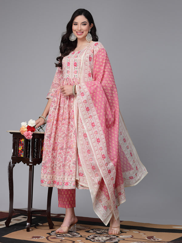 Stylum Women's Floral Printed Cotton Naira Cut Kurta Pant Dupatta Set (KPDGOHER)