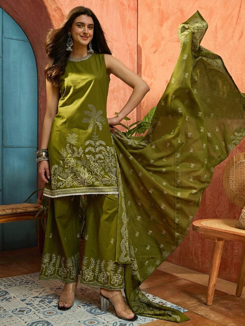 Stylum Women's Green Solid & Embroidered Cotton Straight Kurta Palazzo Dupatta Set (KPDGREENALINA)