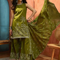 Stylum Women's Green Solid & Embroidered Cotton Straight Kurta Palazzo Dupatta Set (KPDGREENALINA)