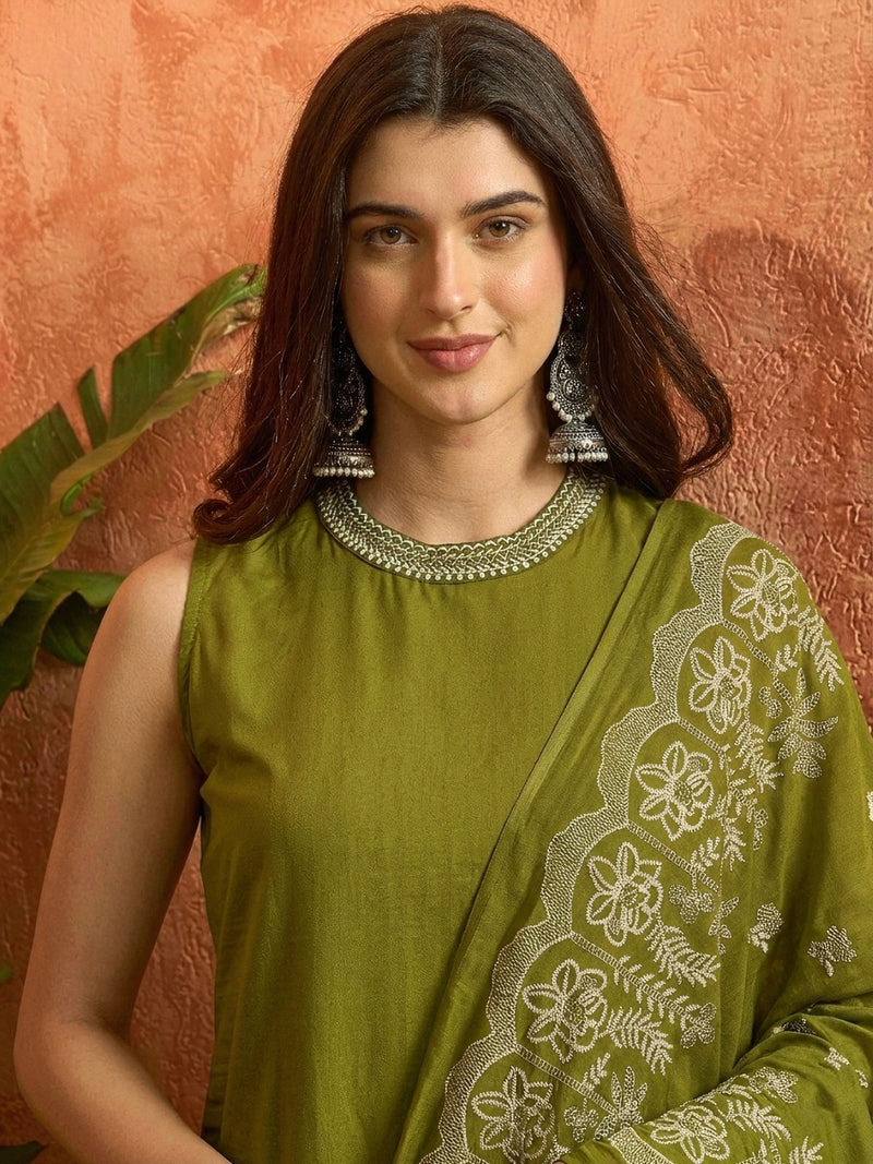 Stylum Women's Green Solid & Embroidered Cotton Straight Kurta Palazzo Dupatta Set (KPDGREENALINA)