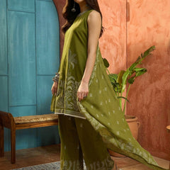 Stylum Women's Green Solid & Embroidered Cotton Straight Kurta Palazzo Dupatta Set (KPDGREENALINA)