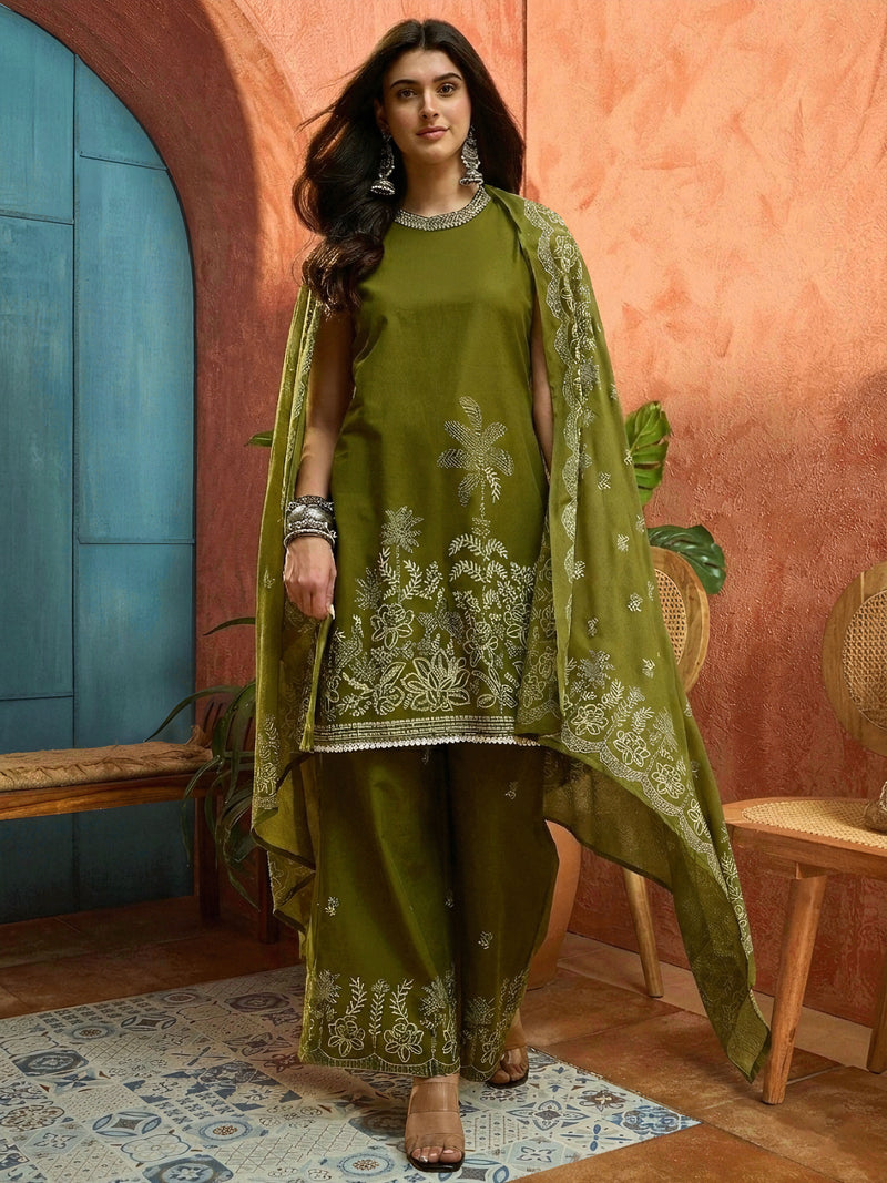 Stylum Women's Green Solid & Embroidered Cotton Straight Kurta Palazzo Dupatta Set (KPDGREENALINA)