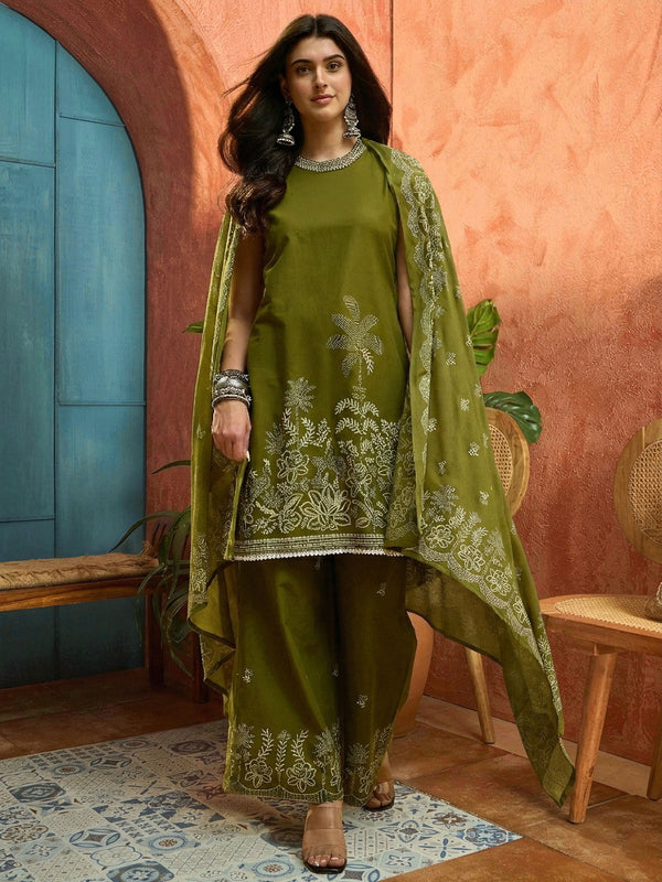 Stylum Women's Green Solid & Embroidered Cotton Straight Kurta Palazzo Dupatta Set (KPDGREENALINA)