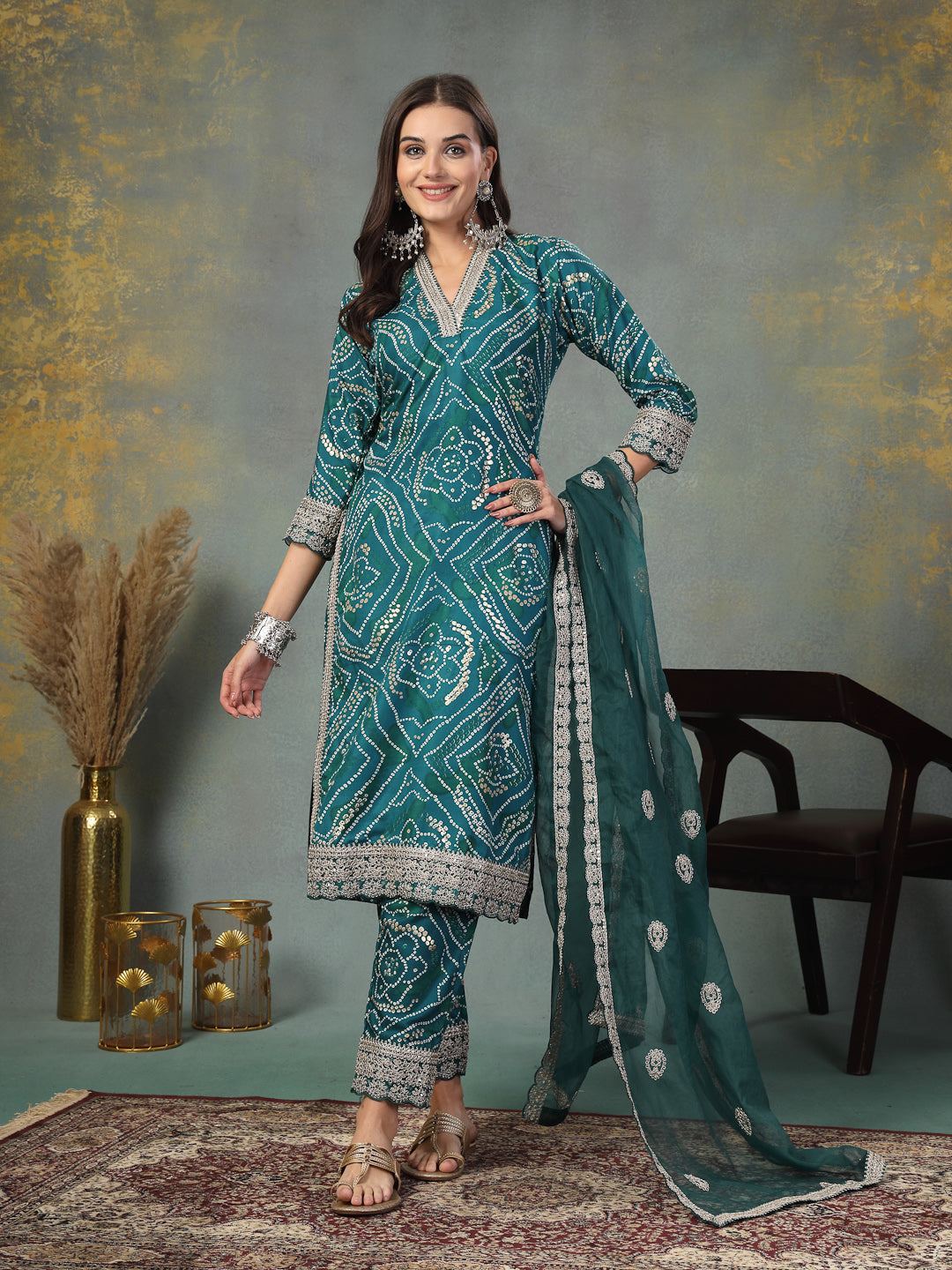 Stylum Women's Green Bandhani Print & Embroidered Muslin Straight Kurta Pant Dupatta Set (KPDGREENBANNO)