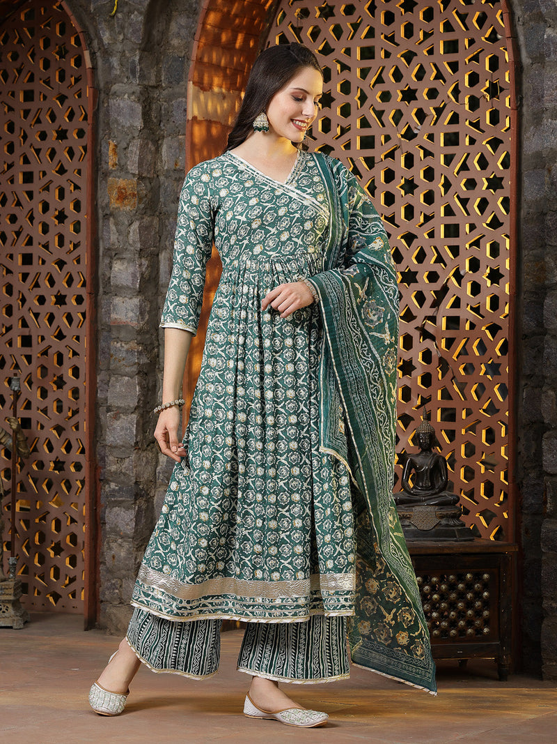 Stylum Women's Floral Printed Cotton Blend Angrakha Kurta Palazzo Dupatta Set (KPDGREENBHAVI)