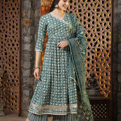 Stylum Women's Floral Printed Cotton Blend Angrakha Kurta Palazzo Dupatta Set (KPDGREENBHAVI)