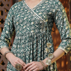 Stylum Women's Floral Printed Cotton Blend Angrakha Kurta Palazzo Dupatta Set (KPDGREENBHAVI)
