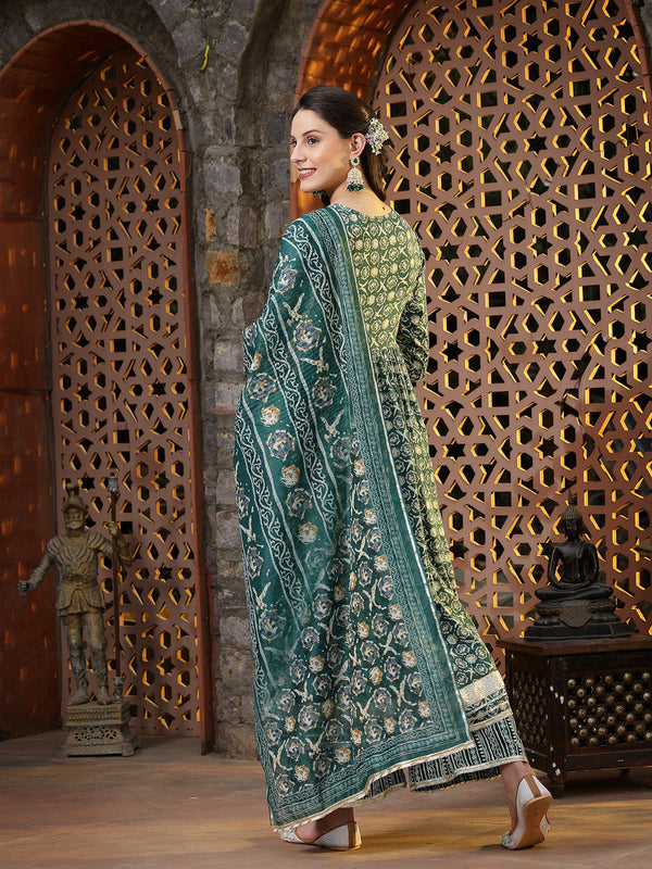 Stylum Women's Floral Printed Cotton Blend Angrakha Kurta Palazzo Dupatta Set (KPDGREENBHAVI)