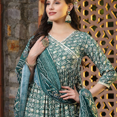Stylum Women's Floral Printed Cotton Blend Angrakha Kurta Palazzo Dupatta Set (KPDGREENBHAVI)