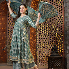 Stylum Women's Floral Printed Cotton Blend Angrakha Kurta Palazzo Dupatta Set (KPDGREENBHAVI)
