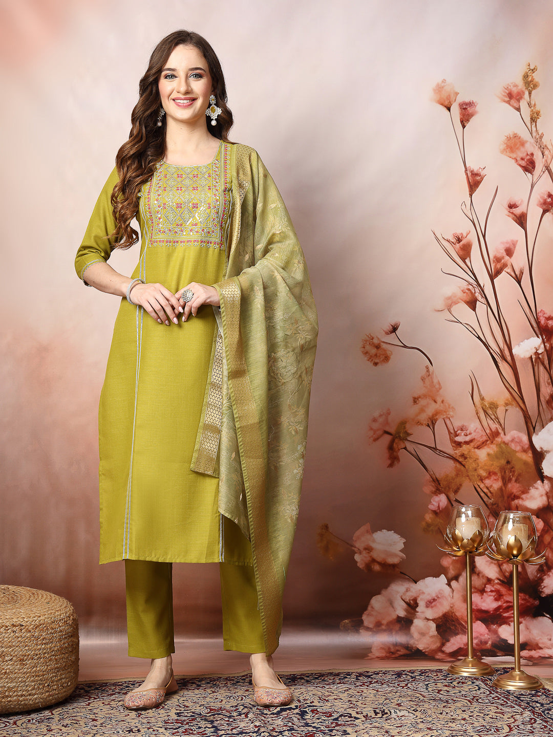 Stylum Women's Embroidered Cotton Blend Straight Kurta Pant Dupatta Set (KPDGREENBHUMI)