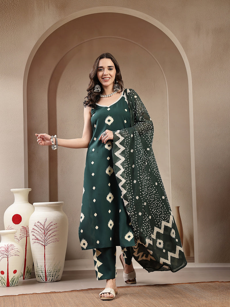 Stylum Women's Green Ikkat Printed Rayon Straight Kurta Pant Dupatta Set (KPDGREENBORO)
