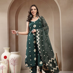Stylum Women's Green Ikkat Printed Rayon Straight Kurta Pant Dupatta Set (KPDGREENBORO)