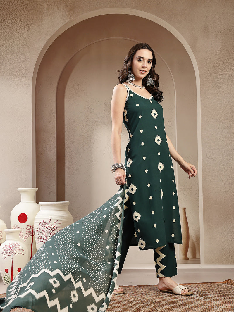 Stylum Women's Green Ikkat Printed Rayon Straight Kurta Pant Dupatta Set (KPDGREENBORO)