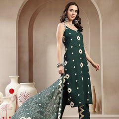 Stylum Women's Green Ikkat Printed Rayon Straight Kurta Pant Dupatta Set (KPDGREENBORO)