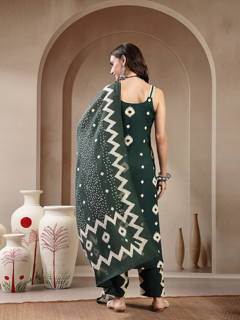 Stylum Women's Green Ikkat Printed Rayon Straight Kurta Pant Dupatta Set (KPDGREENBORO)