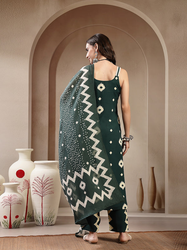 Stylum Women's Green Ikkat Printed Rayon Straight Kurta Pant Dupatta Set (KPDGREENBORO)