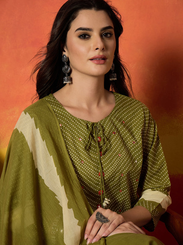 Stylum Women's Green Bandhej Printed Cotton Straight Kurta Pant Dupatta Set (KPDGREENDIRAM)