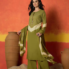 Stylum Women's Green Bandhej Printed Cotton Straight Kurta Pant Dupatta Set (KPDGREENDIRAM)