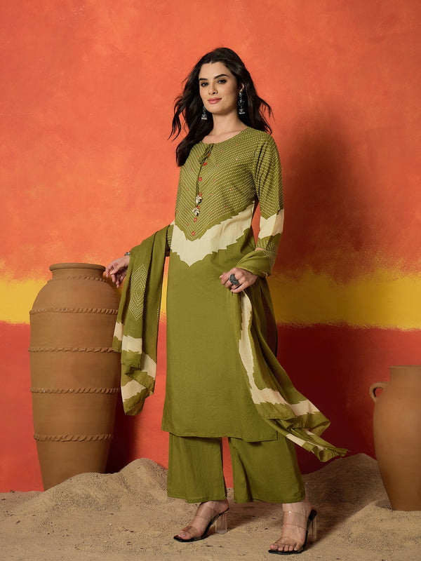 Stylum Women's Green Bandhej Printed Cotton Straight Kurta Pant Dupatta Set (KPDGREENDIRAM)