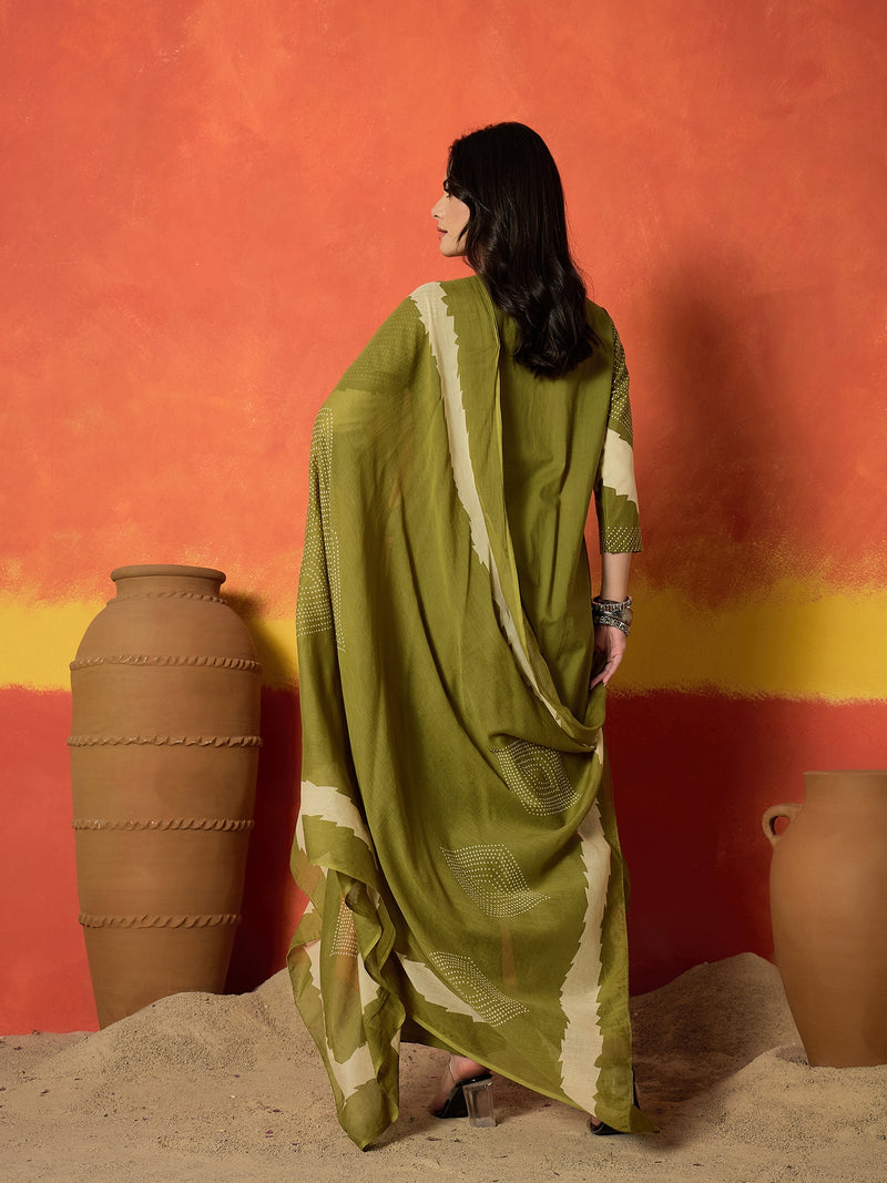 Stylum Women's Green Bandhej Printed Cotton Straight Kurta Pant Dupatta Set (KPDGREENDIRAM)