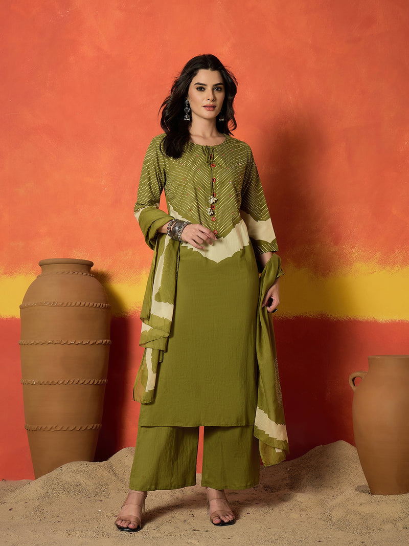 Stylum Women's Green Bandhej Printed Cotton Straight Kurta Pant Dupatta Set (KPDGREENDIRAM)