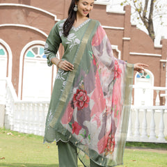 Stylum Women's Green Solid & Embroidered Silk Blend Straight Kurta Pant Dupatta Set (KPDGREENFAI)