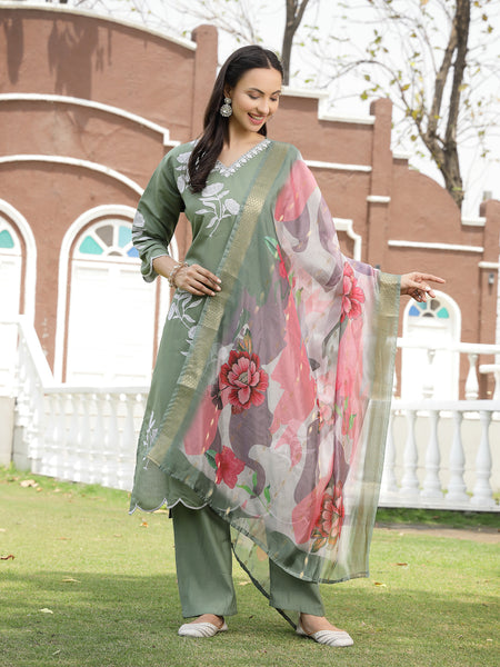 Stylum Women's Green Solid & Embroidered Silk Blend Straight Kurta Pant Dupatta Set (KPDGREENFAI)
