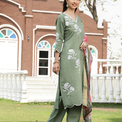 Stylum Women's Green Solid & Embroidered Silk Blend Straight Kurta Pant Dupatta Set (KPDGREENFAI)