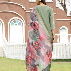 Stylum Women's Green Solid & Embroidered Silk Blend Straight Kurta Pant Dupatta Set (KPDGREENFAI)