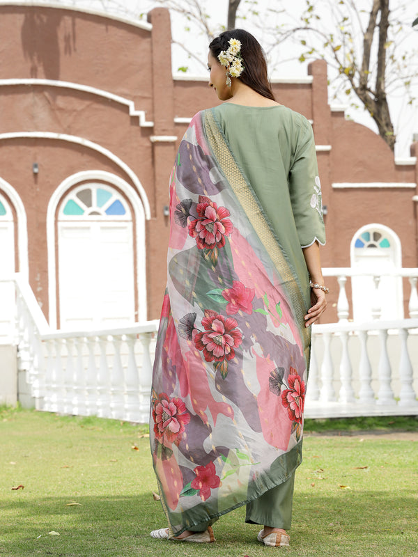 Stylum Women's Green Solid & Embroidered Silk Blend Straight Kurta Pant Dupatta Set (KPDGREENFAI)