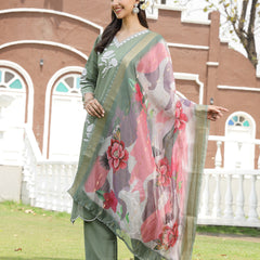 Stylum Women's Green Solid & Embroidered Silk Blend Straight Kurta Pant Dupatta Set (KPDGREENFAI)